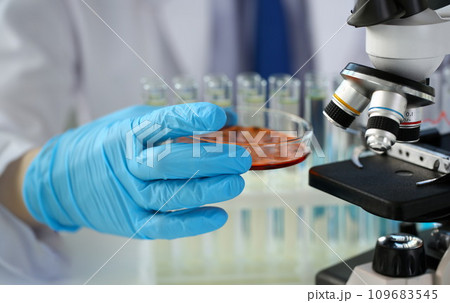 A male chemist holds test tube of glass in his hand A male chemist holds test tube of glass in his hand 109683545
