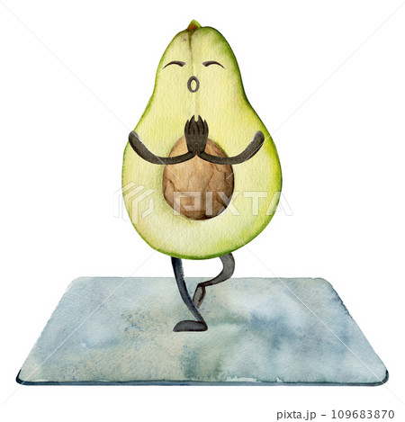Hand drawn watercolor cute avocado character doing yoga stretching asana practice. Fitness health. Illustration isolated composition, white background. Design for poster, print, website, card, gym 109683870