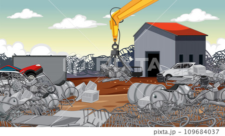 Scrapyard Junkyard: A Vibrant Outdoor Cartoon Scene 109684037