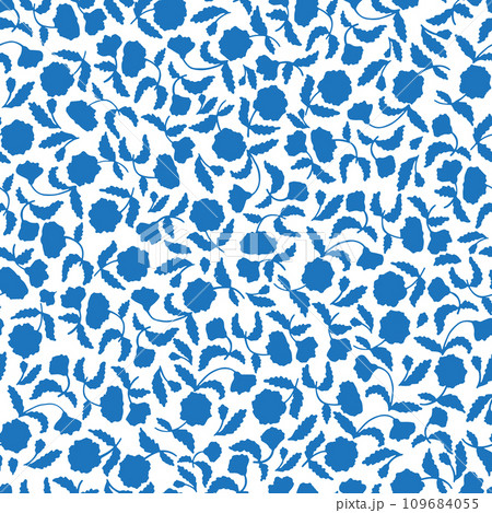 Blue floral silhouette pattern on a white background, hand drawn, flat, all-over composition. 109684055