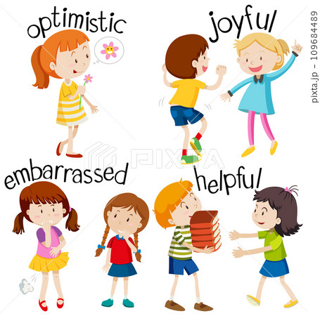 English vocabulary adjective word with cartoon characters 109684489