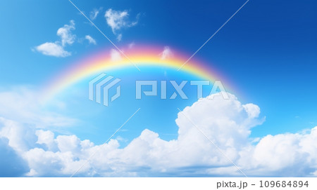 空に掛かった七色の虹、美しい雲と青い空のイラスト素材 [109684894
