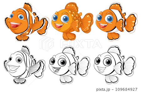 Cute Clownfish and Goldfish Cartoon Characters in Vector Style 109684927
