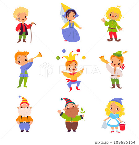 Fairy Tales Character with Gnome, Robin Hood, Jester, Scarecrow and Cinderella Vector Set 109685154