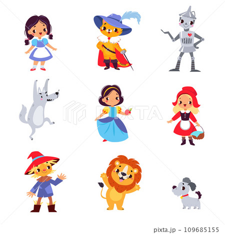 Fairy Tales Character with Robot, Cat in Boots, Red Riding Hood, Snow White, Lion, Puppy and Scarecrow Vector Set 109685155