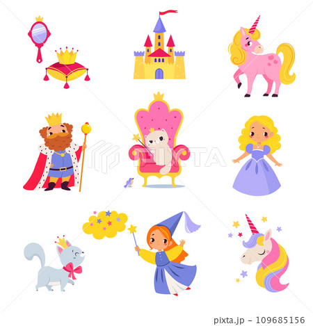 Fairy Tales Character with Unicorn, King, Pixie, Cat and Castle with Crown Vector Set 109685156