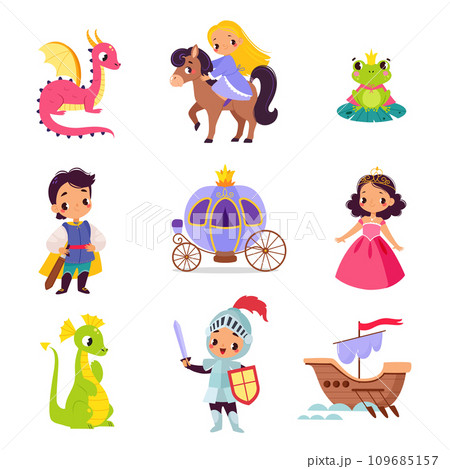 Fairy Tales Character with Dragon, Frog, Knight, Princess, Carriage and Boat Vector Set 109685157