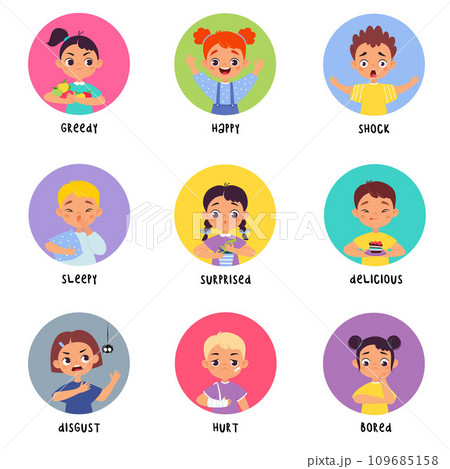 Kids Emotion with Boy and Girl Character in Round Shape Show Face Expression Vector Set 109685158