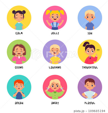 Kids Emotion with Boy and Girl Character in Round Shape Show Face Expression Vector Set 109685194
