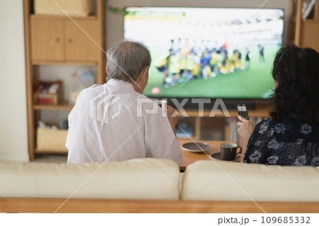 テレビを見るシニア夫婦の後姿・老後の暮らし 109685332