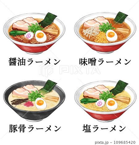 水彩で描いた、醤油ラーメン・味噌ラーメン・豚骨ラーメン・塩ラーメン