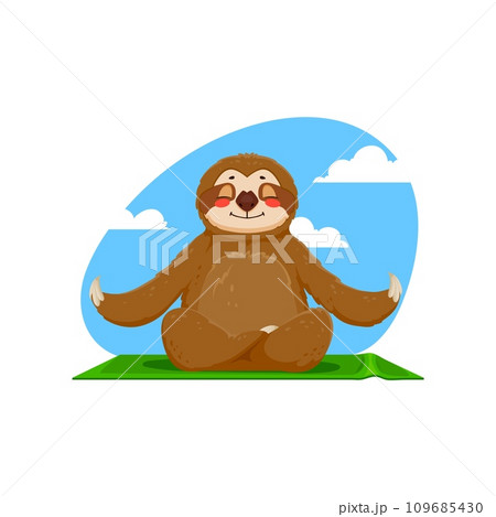 Cartoon funny sloth character meditate in yoga...のイラスト素材 [109685430 ...