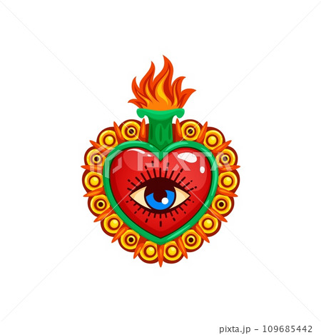 Mexican sacred heart with eye and burning flames, tattoo or religion vector symbol. Sacred heart or Corazon Milagro symbol of Jesus love and God divine miracle in Mexican Catholic religion 109685442