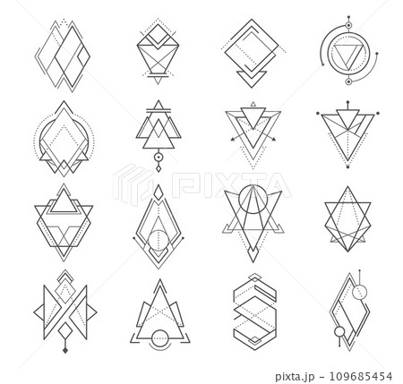 Geometric boho tattoo linear symbols with sacred geometry art and vector mystic tribal signs. Geometric boho tattoo with circle and triangle lines, alchemy magic and ethnic esoteric or occult symbols 109685454