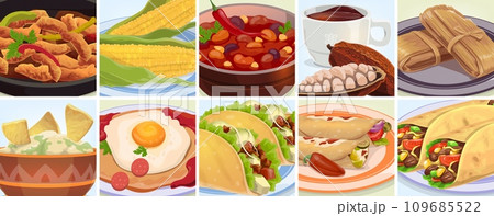 Tex mex mexican cuisine food and drink collage. Meal of Mexico, vector taco, burrito, chili beans and corn, fajitas, huevos rancheros, enchiladas, nacho and guacamole, hot chocolate and tamale dessert Tex mex mexican cuisine food and drink collage. Meal of Mexico, vector taco, burrito, chili beans and corn, fajitas, huevos rancheros, enchiladas, nacho and guacamole, hot chocolate and tamale dessert 109685522