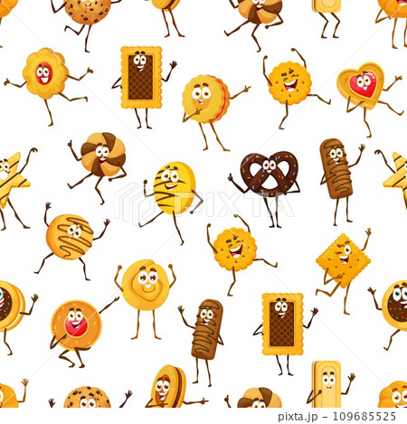 Cartoon cookie, pastry characters seamless pattern. Funny biscuit personages vector background of sweet dessert food. Cute chocolate chip, oatmeal and sandwich cookies, crackers and pretzel backdrop Cartoon cookie, pastry characters seamless pattern. Funny biscuit personages vector background of sweet dessert food. Cute chocolate chip, oatmeal and sandwich cookies, crackers and pretzel backdrop 109685525