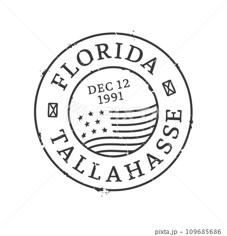 Tallahassee postage and postal stamp. Letter or parcel departure country, USA Florida region ink stamp, mail delivery service United States Tallahassee city vector imprint or postal envelope seal 109685686