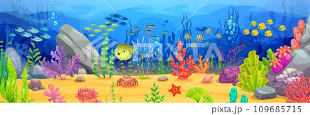 Cartoon tropical underwater landscape banner or game level scene. Fish shoals, crab and starfish, seaweeds and corals vector background with blue water waves, seashell and ocean reef sand bottom 109685715