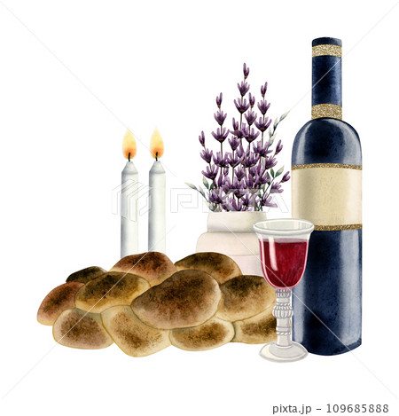 Jewish faith Shabbat scene with two burning candles, challah, lavender flowers bouquet and red wine glass and bottle isolated watercolor illustration for Saturday eve celebration Jewish faith Shabbat scene with two burning candles, challah, lavender flowers bouquet and red wine glass and bottle isolated watercolor illustration for Saturday eve celebration 109685888