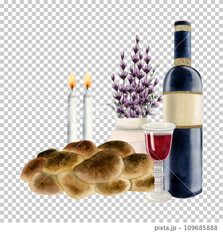 Jewish faith Shabbat scene with two burning candles, challah, lavender flowers bouquet and red wine glass and bottle isolated watercolor illustration for Saturday eve celebration Jewish faith Shabbat scene with two burning candles, challah, lavender flowers bouquet and red wine glass and bottle isolated watercolor illustration for Saturday eve celebration 109685888