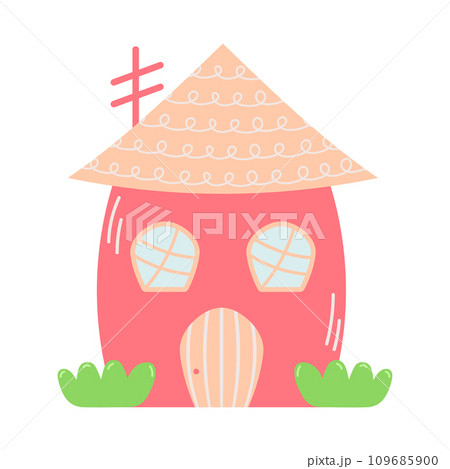 Pink sweet home with grass. Cute cartoon dollhouse. Hand drawn vector illustration isolated on white background. 109685900