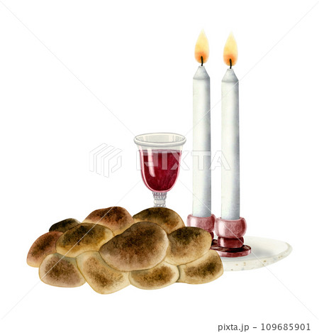 Shabbat challah, two candles and red wine glass watercolor illustration isolated on white background for Saturday eve ceremony and Jewish faith designs 109685901