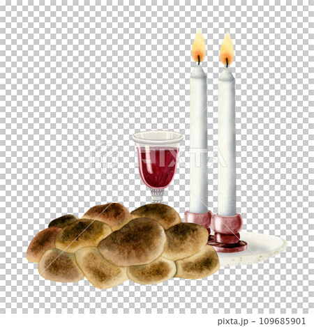 Shabbat challah, two candles and red wine glass watercolor illustration isolated on white background for Saturday eve ceremony and Jewish faith designs 109685901