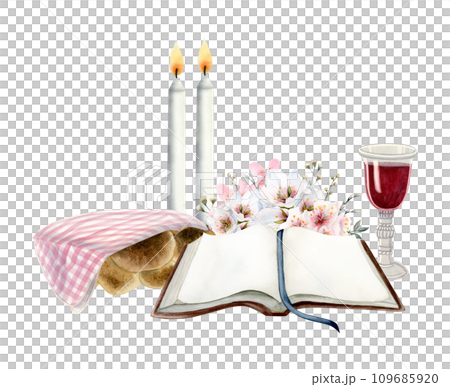 Shabbat scene with open Torah book, two candles, challah with cover, red wine glass and spring flowers watercolor illustration for Jewish faith designs, Saturday eve symbols 109685920