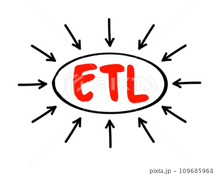 ETL - Extract Transform Load is a three-phase process where data is extracted, transformed and loaded into an output data container, acronym text with arrows 109685968