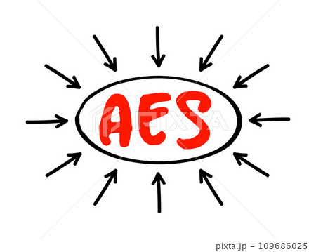 AES Advanced Encryption Standard - symmetric block cipher to protect classified information, acronym text concept with arrows AES Advanced Encryption Standard - symmetric block cipher to protect classified information, acronym text concept with arrows 109686025