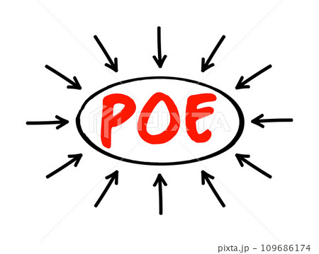 PoE - Power Over Ethernet describes any of several standards or ad hoc systems that pass electric power along with data on twisted-pair Ethernet cabling, acronym concept with arrows PoE - Power Over Ethernet describes any of several standards or ad hoc systems that pass electric power along with data on twisted-pair Ethernet cabling, acronym concept with arrows 109686174
