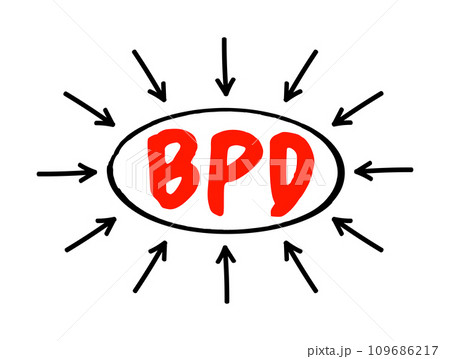BPD Borderline Personality Disorder - mental health disorder that impacts the way you think and feel about yourself and others, acronym text with arrows 109686217