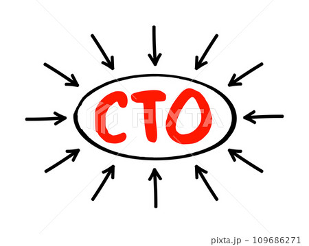 CTO Chief Technology Officer - executive-level position in a company whose occupation is focused on the scientific and technological issues, acronym text with arrows 109686271