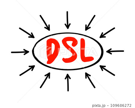 DSL Digital Subscriber Line - technology that are used to transmit digital data over telephone lines, acronym text concept with arrows DSL Digital Subscriber Line - technology that are used to transmit digital data over telephone lines, acronym text concept with arrows 109686272