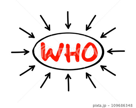 WHO World Health Organization - specialized agency responsible for international public health, acronym text concept with arrows 109686348