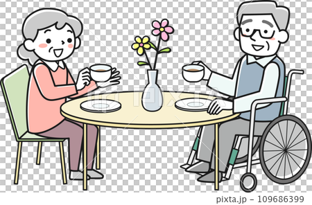 Senior men and women enjoying tea time 109686399