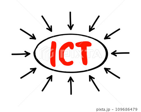 ICT Information and Communication Technology - set of technological tools and resources used to transmit, store, create, share or exchange information, acronym text concept with arrows ICT Information and Communication Technology - set of technological tools and resources used to transmit, store, create, share or exchange information, acronym text concept with arrows 109686479