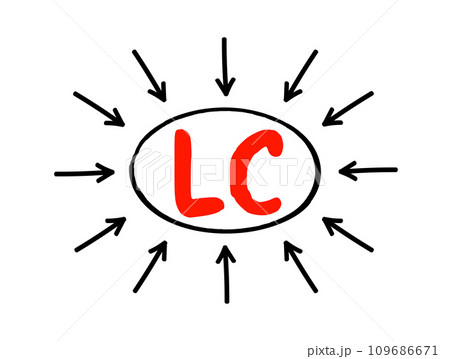 LC Letter of Credit - payment mechanism used in international trade to provide an economic guarantee from a creditworthy bank to an exporter of goods, acronym text concept with arrows 109686671