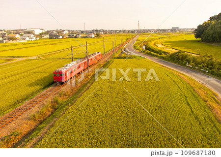収穫期の田園地帯を走る名鉄三河線電車 109687180