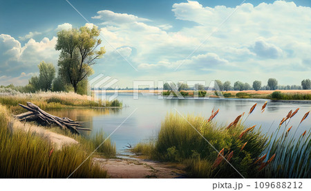 A summer landscape with a river and trees and a blue sky with the sun shining through, generative AI 109688212