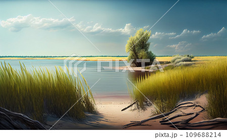 A summer landscape with a river and trees and a blue sky with the sun shining through, generative AI 109688214