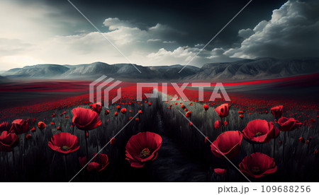 A field of vibrant red poppies with a beautiful sky in the background AI generated 109688256