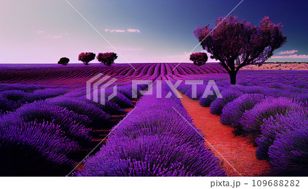 A field of vibrant purple lavender flowers meadow with blue sky in the background, colorful field landscape AI generated 109688282