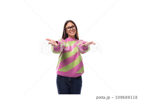 young successful free beautiful caucasian woman with straight black hair with glasses is dressed in 109689118