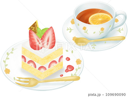 イチゴのショートケーキと紅茶セット イチゴのショートケーキと紅茶セット 109690090