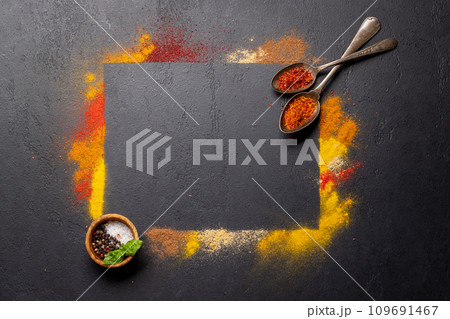 Various spices on stone table Various spices on stone table 109691467