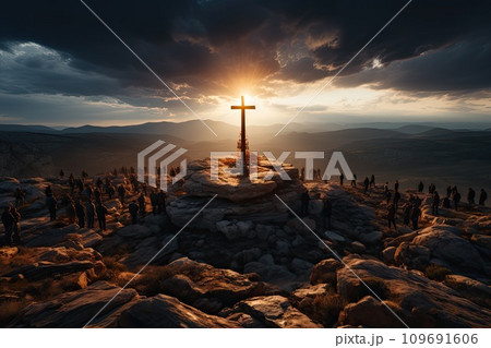 AI-generated content. Cross on the rock with ray of lights 109691606