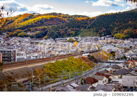 【京都風景】晩秋の紅葉に染まる山並みを走る電車 109692266