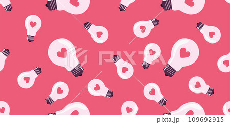 Lighting bulb with hearts Vector Seamless Pattern. Hand drawn Valentines day background for Textile, Fabric, Holiday Wrapping paper. Love is power concept, Decoration template for Wallpaper, Card 109692915