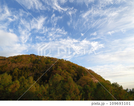 夕日でオレンジ色に染まる新緑の山と青空の白い雲が印象的で綺麗だ。 109693101